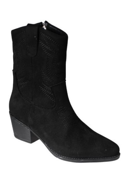 Yazkış Kadın Siyah Taba Süet Üzeri Desenli 5cm Kalın Topuk Kovboy Botu