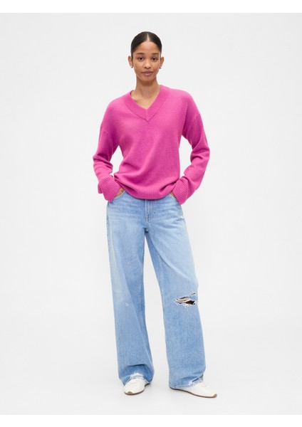 Kadın Pembe Oversized V Yaka Kazak fırsatları