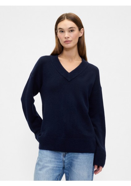 Kadın Lacivert Oversized V Yaka Kazak