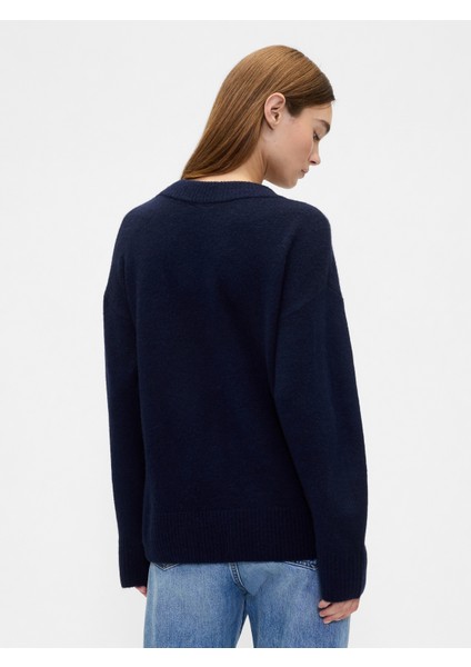 Kadın Lacivert Oversized V Yaka Kazak indirimleri