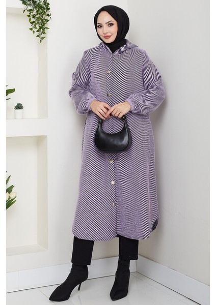 Çizgi Detay Kapüşonlu Kaşe Kap 1634 - Lila