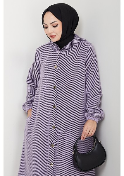 Çizgi Detay Kapüşonlu Kaşe Kap 1634 - Lila fiyatları