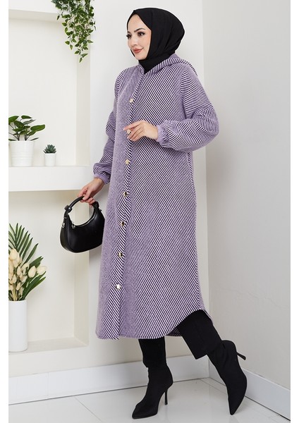 Çizgi Detay Kapüşonlu Kaşe Kap 1634 - Lila modelleri