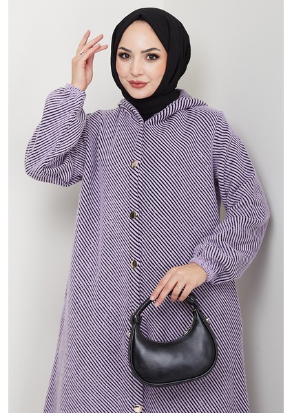 Çizgi Detay Kapüşonlu Kaşe Kap 1634 - Lila fırsatları