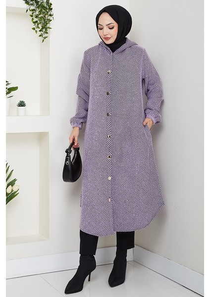 Çizgi Detay Kapüşonlu Kaşe Kap 1634 - Lila indirimleri