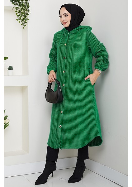 Çizgi Detay Kapüşonlu Kaşe Kap 1634 - Yeşil