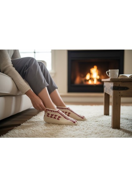 Balıkesir Köylerinden - El Örgüsü - Krem Zemin Mor Desenli Kadın Yün Patik - 35/39 Numaralara Uygun - Yerli Üretim