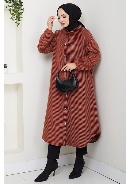 Çizgi Detay Kapüşonlu Kaşe Kap 1634 - Kiremit