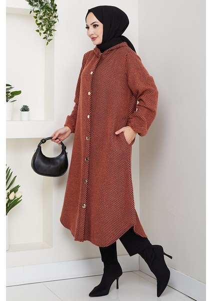 Çizgi Detay Kapüşonlu Kaşe Kap 1634 - Kiremit modelleri