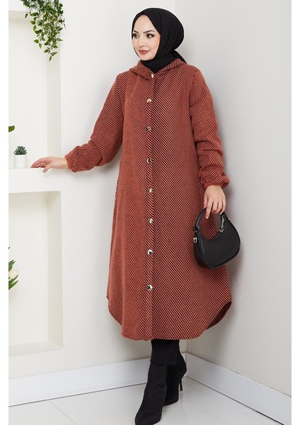 Çizgi Detay Kapüşonlu Kaşe Kap 1634 - Kiremit indirimleri