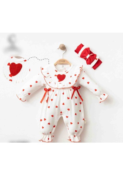 Kırmızı Kalpli Bebek Tulumu ve Bandana %100 Pamuklu Tulum Bebek Giyim