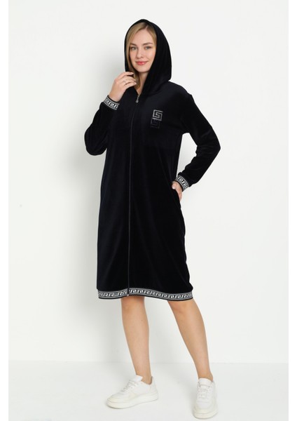 Siyah Kapüşonlu Taş Detaylı Fermuarlı Cepli Pamuklu Kadife Elbise