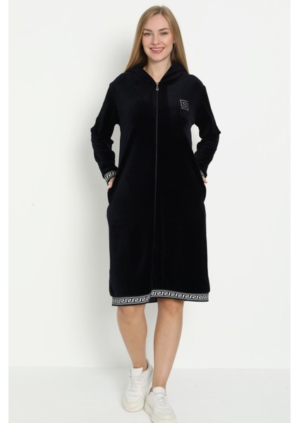 Siyah Kapüşonlu Taş Detaylı Fermuarlı Cepli Pamuklu Kadife Elbise fiyatları