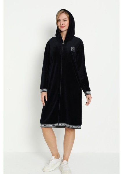 Siyah Kapüşonlu Taş Detaylı Fermuarlı Cepli Pamuklu Kadife Elbise modelleri