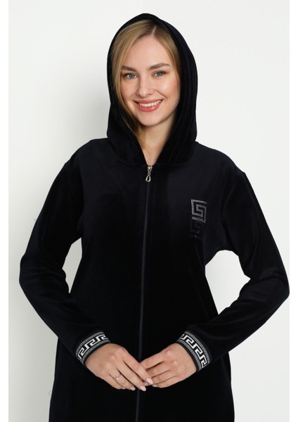 Siyah Kapüşonlu Taş Detaylı Fermuarlı Cepli Pamuklu Kadife Elbise fırsatları