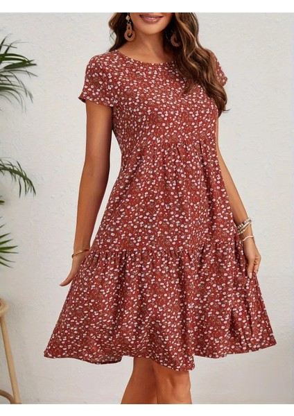 Kadın Kısa Kollu Bisiklet Yaka Çiçek Desenli Süprem Elbise fırsatları