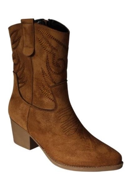 Yazkış Kadın Siyah Taba Süet Üzeri Desenli 5cm Kalın Topuk Kovboy Botu