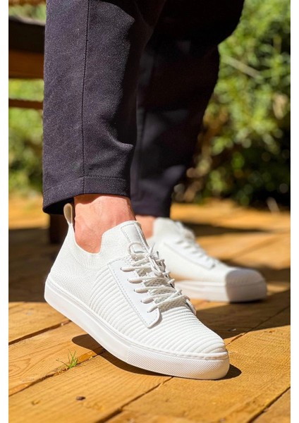 Techmrt KB-110 Kuback Beyaz Triko Yüksek Taban Bağcıklı Günlük Erkek Ayakkabı (Numara: 44)