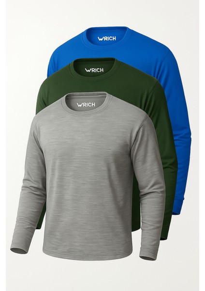 Erkek Mavi-Haki-Grimelanj 3'lü Paket Basic Uzun Kollu Sporcu Body