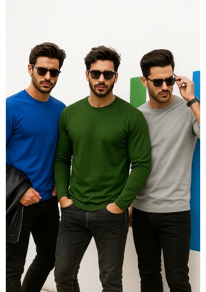 Erkek Mavi-Haki-Grimelanj 3'lü Paket Basic Uzun Kollu Sporcu Body fiyatları