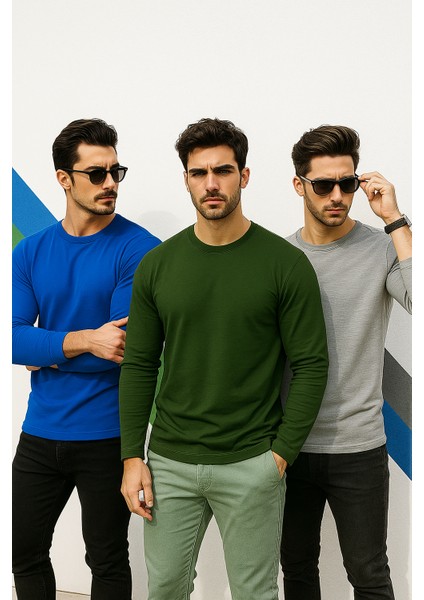 Erkek Mavi-Haki-Grimelanj 3'lü Paket Basic Uzun Kollu Sporcu Body modelleri