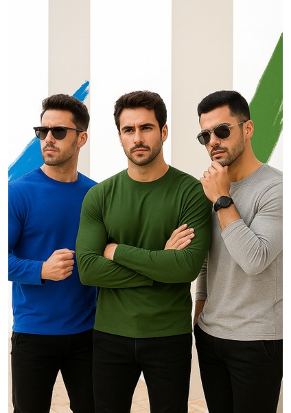 Erkek Mavi-Haki-Grimelanj 3'lü Paket Basic Uzun Kollu Sporcu Body indirimleri