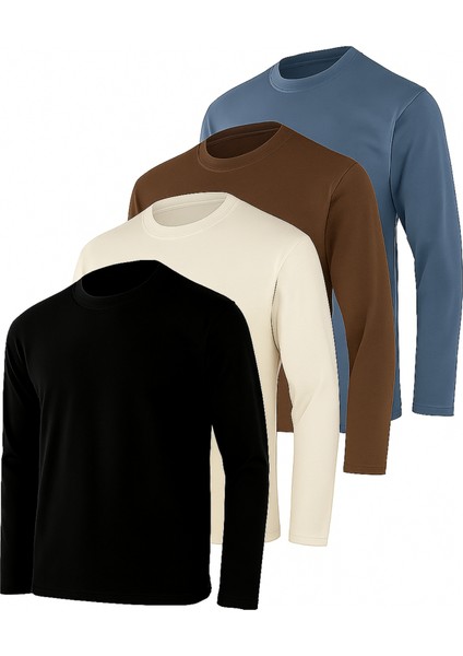 Erkek Indigo-Ekru-Kahverengi-Siyah 4'lü Paket Basic Uzun Kollu Sporcu Body