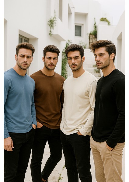 Erkek Indigo-Ekru-Kahverengi-Siyah 4'lü Paket Basic Uzun Kollu Sporcu Body fiyatları