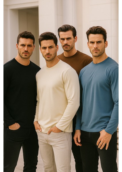 Erkek Indigo-Ekru-Kahverengi-Siyah 4'lü Paket Basic Uzun Kollu Sporcu Body fırsatları