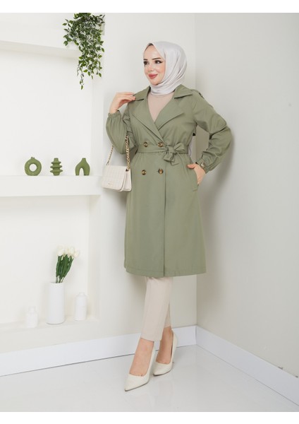 Kadın Yeşil Lastik Kollu Trençkot