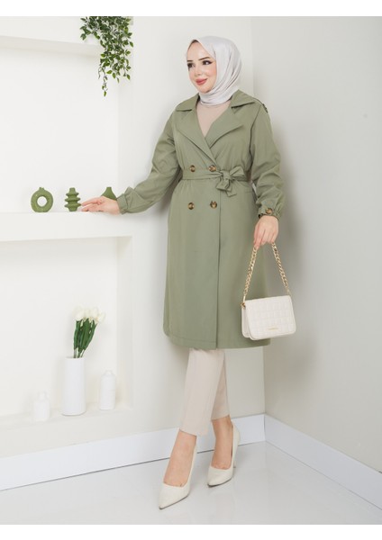 Kadın Yeşil Lastik Kollu Trençkot fırsatları