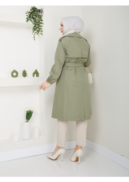 Kadın Yeşil Lastik Kollu Trençkot