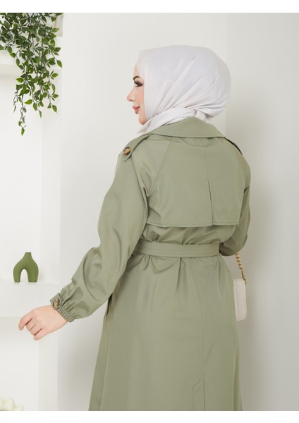 Kadın Yeşil Lastik Kollu Trençkot