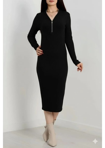 Şardonlu Fitilli Fermuarlı Kışlık/bahar Elbisesi