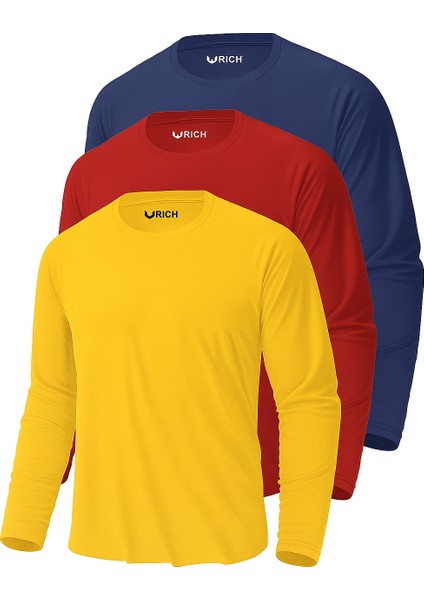 Erkek Sarı-Kırmızı-Lacivert 3'lü Paket Basic Uzun Kollu Sporcu Body