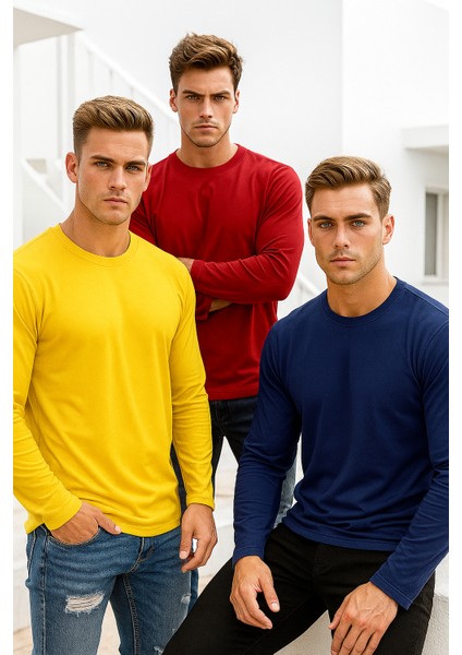 Erkek Sarı-Kırmızı-Lacivert 3'lü Paket Basic Uzun Kollu Sporcu Body modelleri