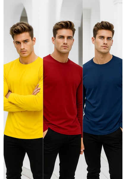 Erkek Sarı-Kırmızı-Lacivert 3'lü Paket Basic Uzun Kollu Sporcu Body fırsatları