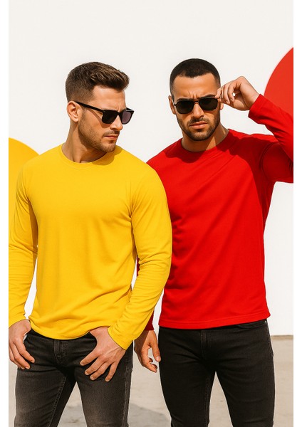 Erkek Sarı-Kırmızı 2'li Paket Basic Uzun Kollu Sporcu Body modelleri