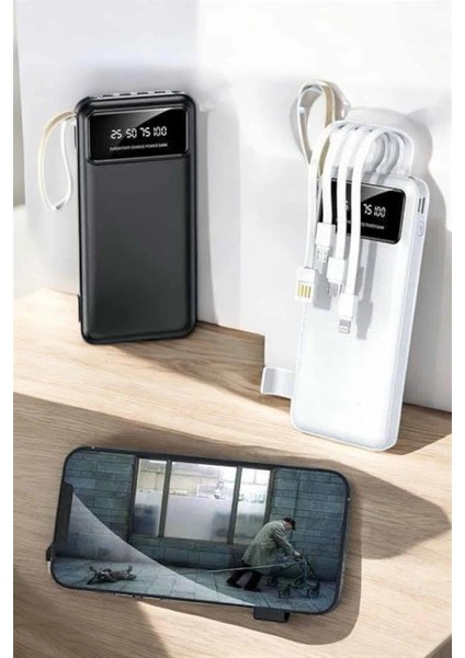20.000 Mah LED Işıklı LCD Ekran USB Girişli Type-C Lightning Powerbank