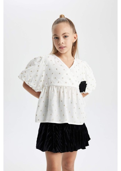 Kız Çocuk Yılbaşı Temalı Kısa Kollu Desenli Bluz B4054A823WN