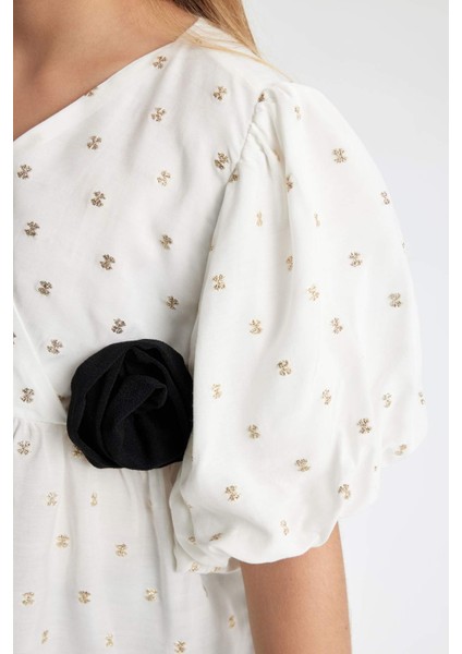 Kız Çocuk Yılbaşı Temalı Kısa Kollu Desenli Bluz B4054A823WN