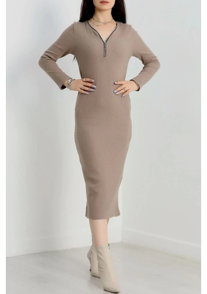 Şardonlu Fitilli Fermuarlı Kışlık/bahar Elbisesi