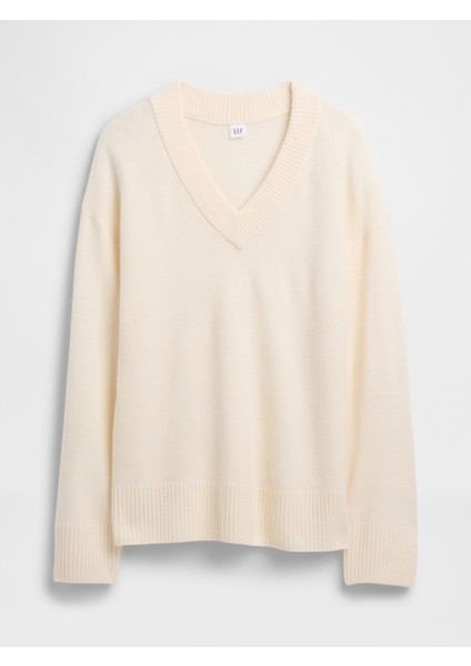 Kadın Beyaz Oversized V Yaka Kazak fiyatları