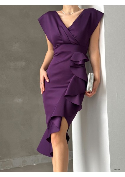 Scuba Kumaş Önü Fırfırlı Midi Boy Elbise indirimleri