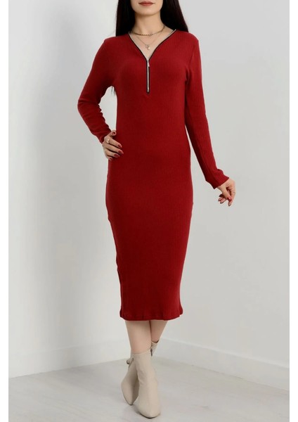 Şardonlu Fitilli Fermuarlı Kışlık/bahar Elbisesi