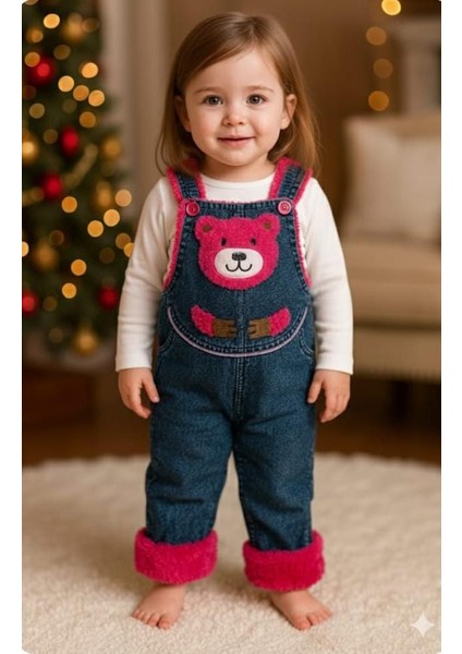 Ayıcık Baskılı Içi Pelüş Kız Kot Tulum