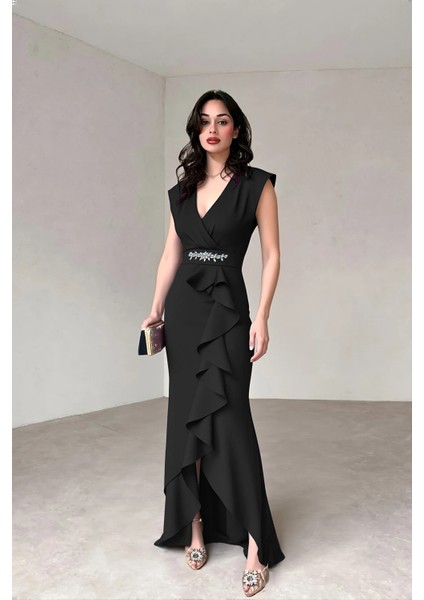 Kadın Siyah V Yaka Parıltılı Taş Detaylı Volanlı Abiye fiyatları