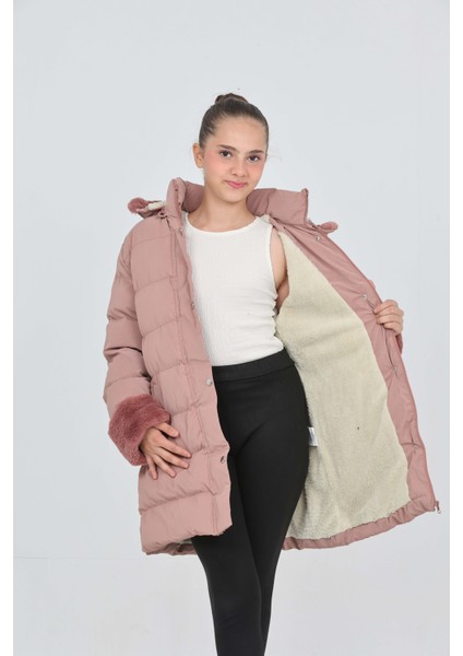 Kız Çocuk Kol ve Kapüşonda Kürk Detay Cepli Çıkabilir Kapüşon Şık Kışlık Kız Çocuk Mont