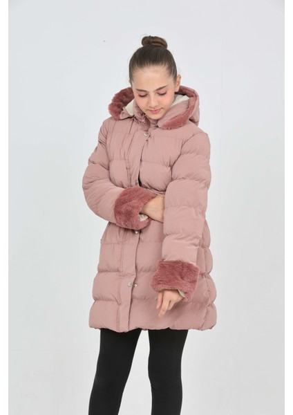 Kız Çocuk Kol ve Kapüşonda Kürk Detay Cepli Çıkabilir Kapüşon Şık Kışlık Kız Çocuk Mont fırsatları