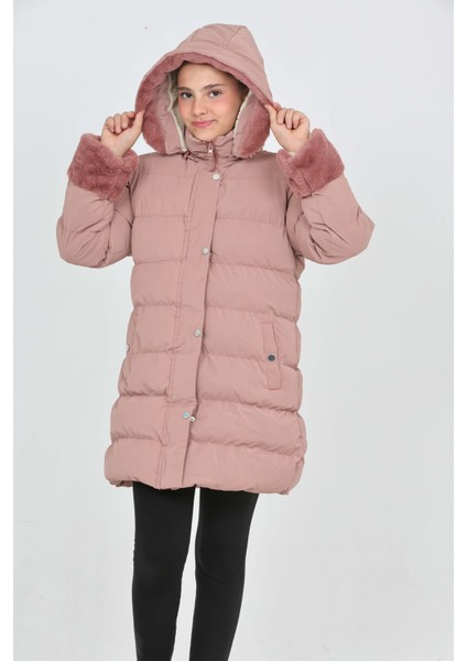 Kız Çocuk Kol ve Kapüşonda Kürk Detay Cepli Çıkabilir Kapüşon Şık Kışlık Kız Çocuk Mont indirimleri